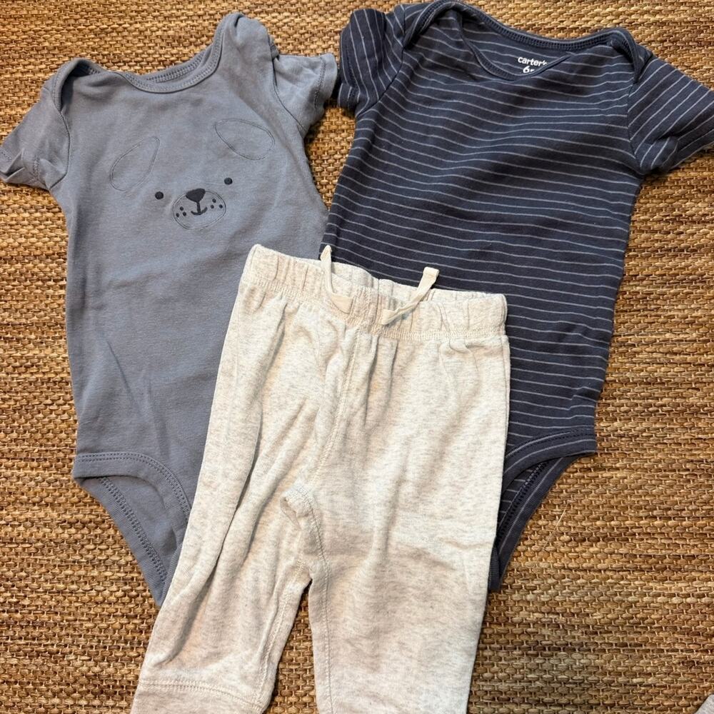 Carter’s Baby Boy 3 Piece Outfit Bodysuits Pants Gray Navy Striped 6M